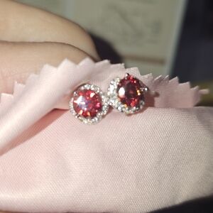 GRA Certified 2 CT RARE Red Moissanite Halo Stud Earrings Silver NWT